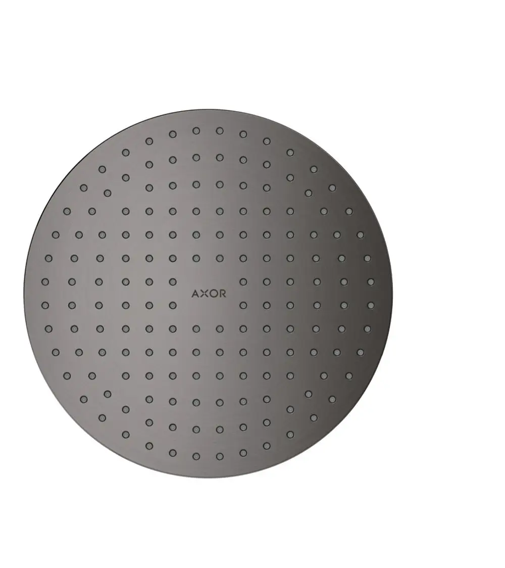 Runde Duschelement von AXOR mit gleichmäßig verteilten Wasserauslässen auf der Oberseite. Die Oberfläche hat eine dunkle, gebürstete Chrom-Optik.
